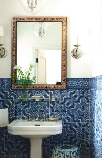 blue mosaic tiles in the bathroom and an ornate mirror frame are amazing for a Mediterranean bathroom blue mosaic tiles in the bathroom and an ornate mirror frame are amazing for a Mediterranean bathroom