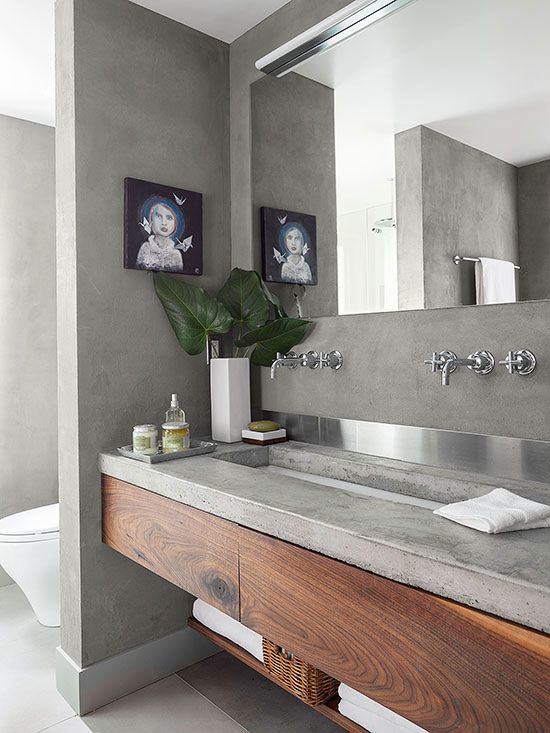 you may go for concrete walls and vanity surfaces to make the look sleeker and more unified
