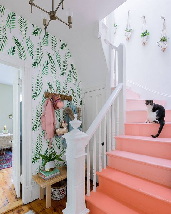 ombre living coral staircase design a coral ombre staircase is a bright and fun idea, besides this color is the color of 2019 by Pantone
