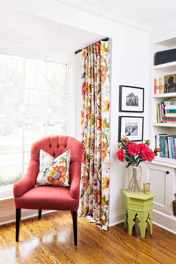 a coral upholstered chair is great addition to your reading nook, it's an easy way to cheer up your nook a coral upholstered chair is great addition to your reading nook, it's an easy way to cheer up your nook