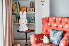 16 a coral whimsy chair with a floral print is a cute furniture item for a girl’s nursery and a trendy touch