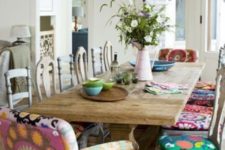 dining area with mismatched upholstered chairs