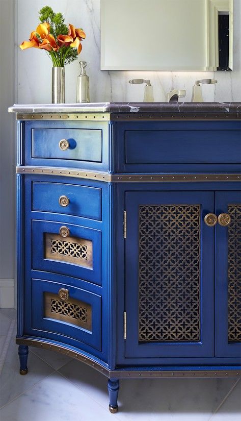 an exquisite Mediterranean vanity in blue with laser cut inserts and vintage knobs brigns Mediterranean chic an exquisite Mediterranean vanity in blue with laser cut inserts and vintage knobs brigns Mediterranean chic