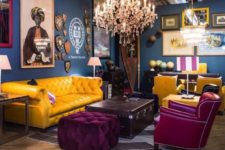 purples and yellow make the mismatching furniture matching and diamond upholstery adds to it