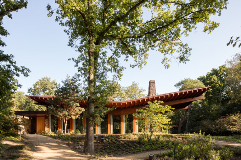 Cantilevered Roof Villa With Much Wood In Decor