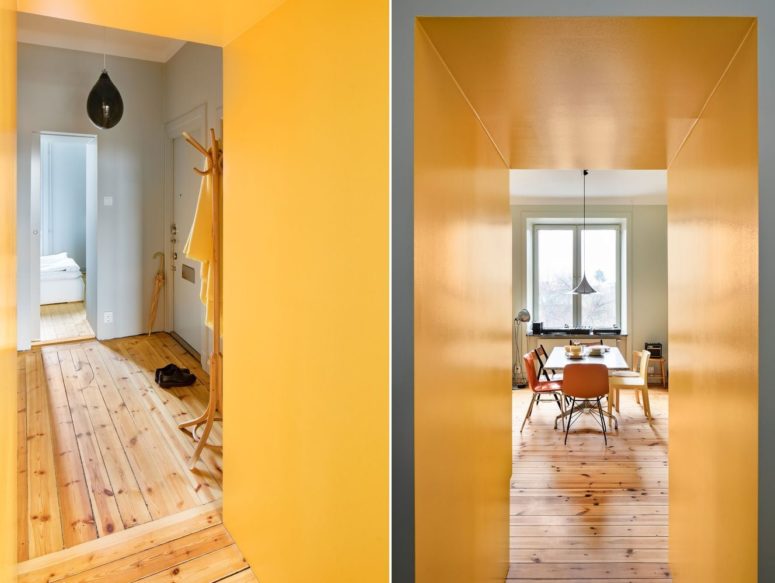 The walls are painted in faints hues of grey, light blue and olive green which contrast with the rest of the colors The walls are painted in faints hues of grey, light blue and olive green which contrast with the rest of the colors