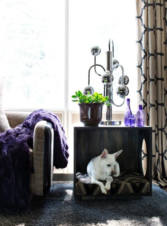 a stylish and whimsy coffee table with a built-in dog bed gives your pet a personal space in your room