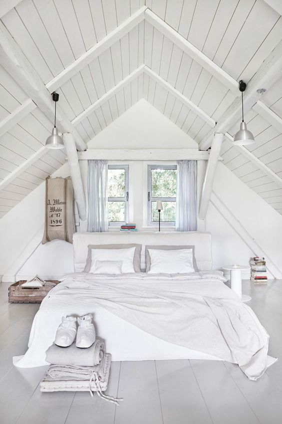 here's a nice example of pulling off all-neutral of the same shade in an attic bedroom, it looks much bigger