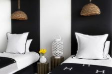 08 a cozy guest bedroom with a monochromatic color scheme and touches of wood and wicker