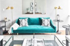 10 a turquoise suede sofa makes a colorful statement and a bold accent in the living room