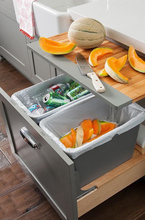 a built-in cutting board and some storage containers will help you declutter the space