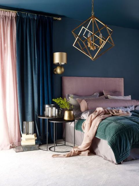 a gorgeous bedroom done in navy, dark green and dusty pink mixed all together for an accent