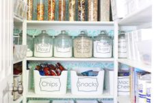 13 simple plastic boxes and jars with sheer labels are great for organizing all the foods and stuff you have