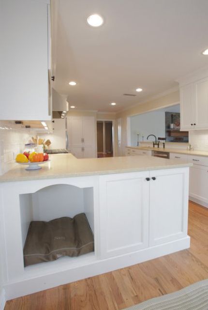 a kitchen cabinet with an integrated dog bed - just remove the doors and place something soft