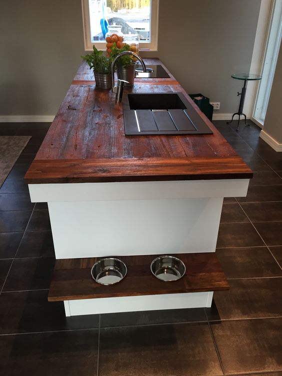 a kitchen island with a shelf that contains the bowls is a very comfy idea for your pet to use