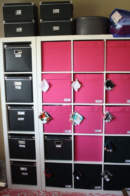 build your own storage with Ikea Expedit shelves, Drona pink fabric boxes and Kassett black boxes