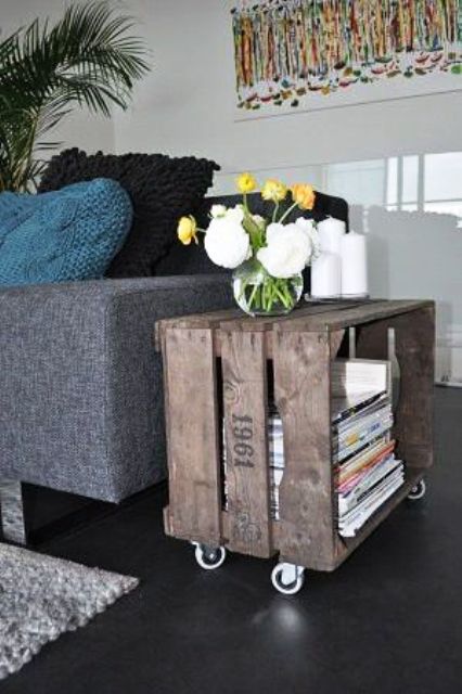 a stained and printed Knagglig box on casters makes up a chic bedside table, which is also mobile