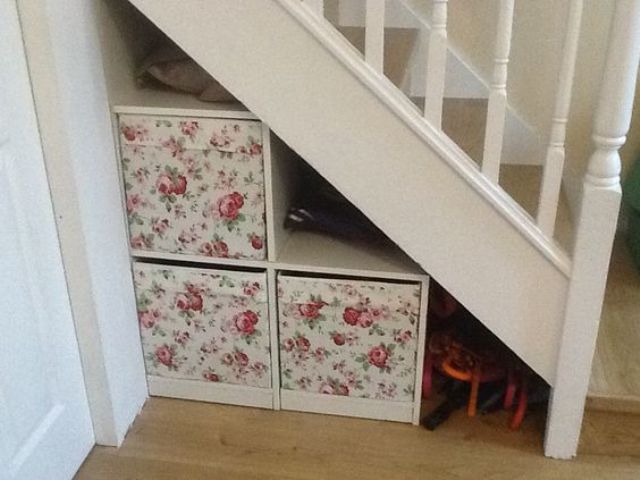 DIY understairs storage drawers using Ikea Drona boxes two deep, the bottom ones are mounted on a board on castors so they pull smoothly in and out