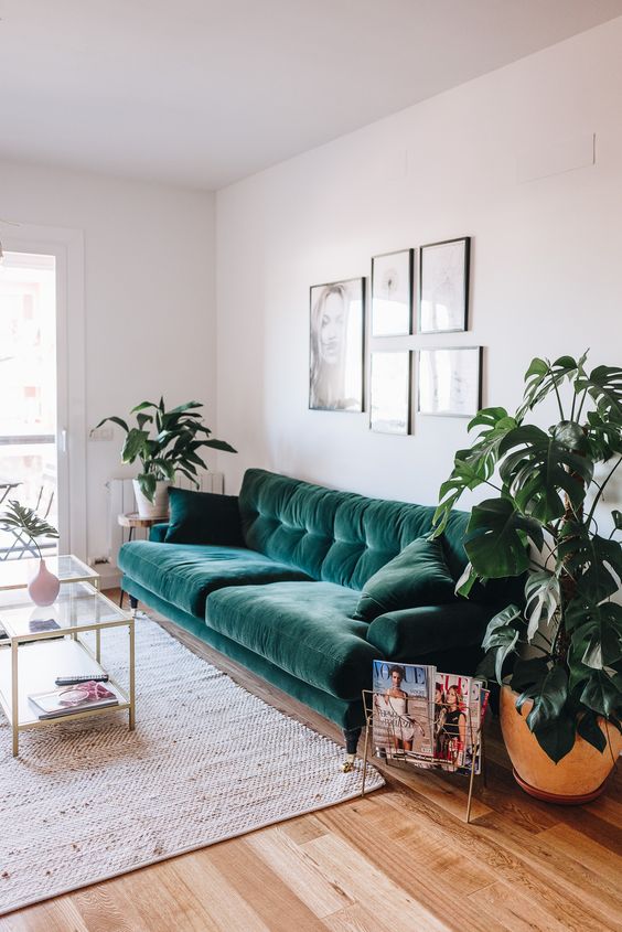 a jute rug adds interest and texture to the space just like a velvet sofa in dark green