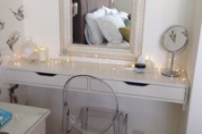02 a built-in dressing table of an Ekby Alex shelf in the corner and an acrylic chair
