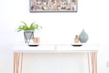 03 a chic Ekby Alex hack into a modern console with copper hairpin legs is a cool idea for every entryway