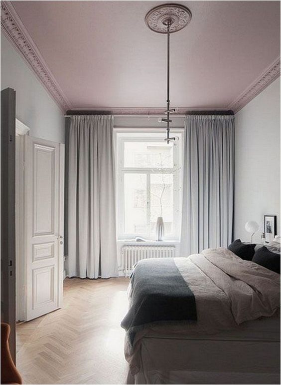 if your space is so neutral, a dusty rose ceiling can be a bold pastel statement that doesn't break the color scheme