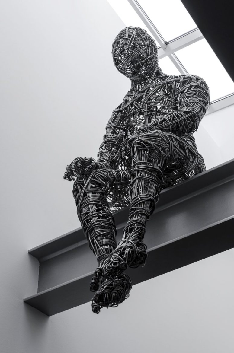 This sculpture is sitting over the living room on a metal beam