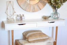 04 a chic makeover of an Ekby Alex unit into a tiny vanity with wooden legs, a mirror in a wooden frame and a matching bench
