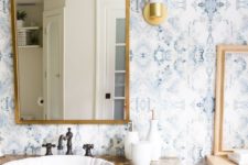 08 add a touch of vintage with beautiful light blue printed wallpaper like this