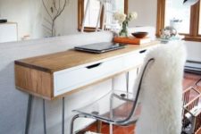 09 a modern slim desk with a wooden wrap made of an Ekby Alex shelf and hairpin legs won’t take much space