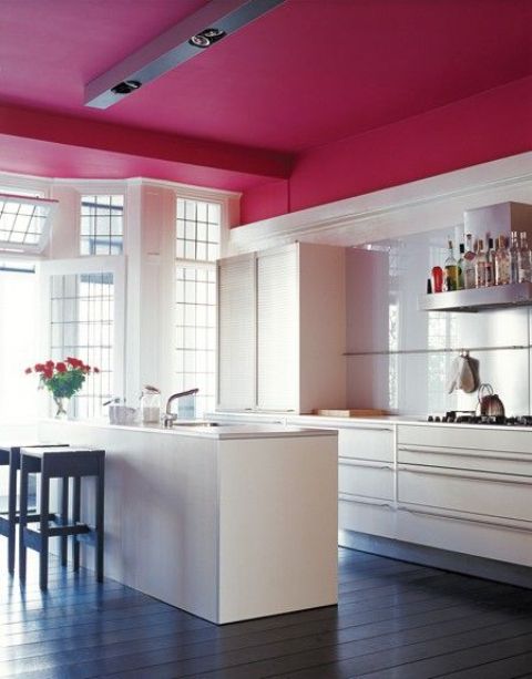 a neutral kitchen highlighted with a burgundy ceiling to visually separate it from the rest of the space