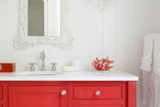11 a fiery red traditional vanity with silver touches is a refined and very bold modern idea for a bathroom