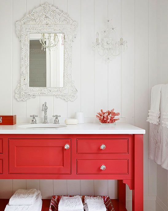 a fiery red traditional vanity with silver touches is a refined and very bold modern idea for a bathroom