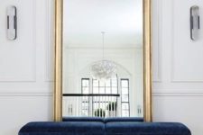 13 a beautiful navy velvet bench with gold legs is a refined and chic statement for the entryway