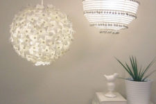 13 a duo of chic pendant lamps, a flower one and a boho pompom one, both made of IKEA Regolit lampshades