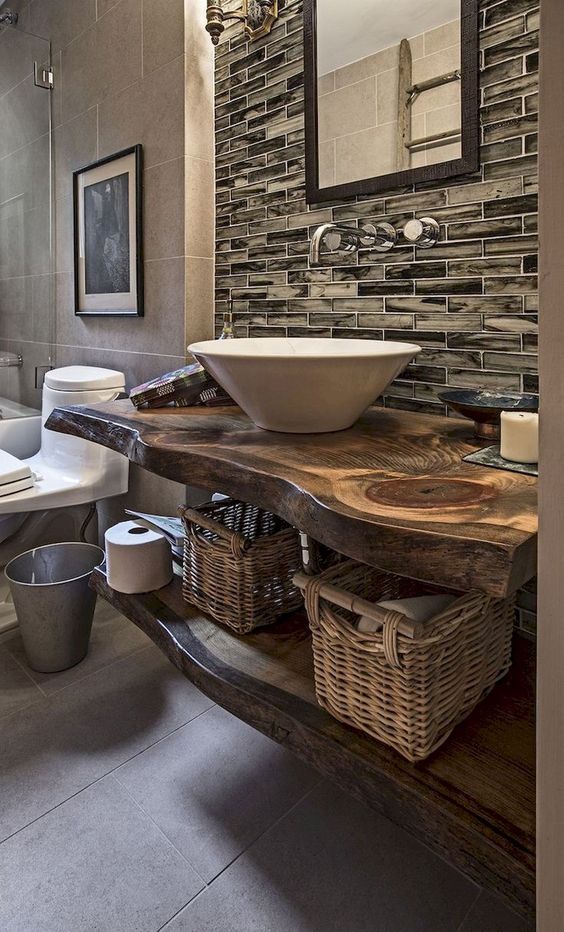 this catchy living edge vanity of two parts features storage space and a natural feel