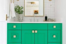 16 a bright green vanity with square handles and brass touches is a super bold idea to spruce up a neutral space