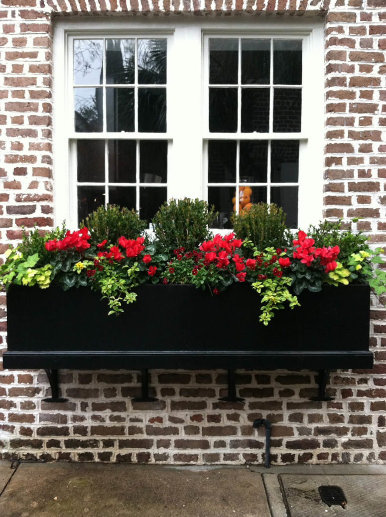 a traditional black wooden box planter with bright flowers, greenery and foliage for a bold look