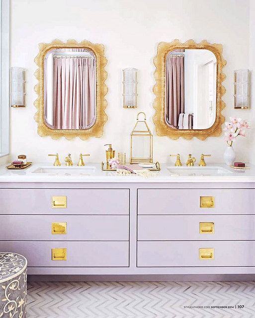 a lilac and gold double vanity is an amazing and trendy piece for a bathroom with a special color