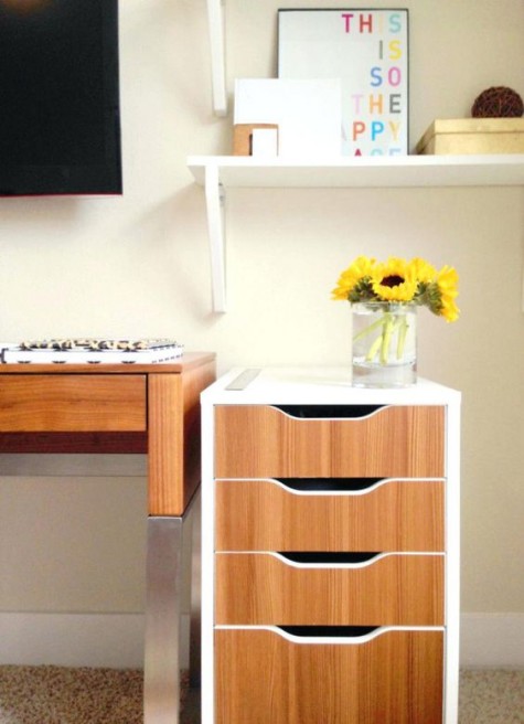 an IKEA Alex unit may be spruced up with wood contact paper to look cooler and cozier