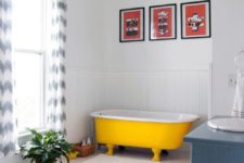 23 a cozy neutral space with a bold yellow bathtub – you may paint on yourself