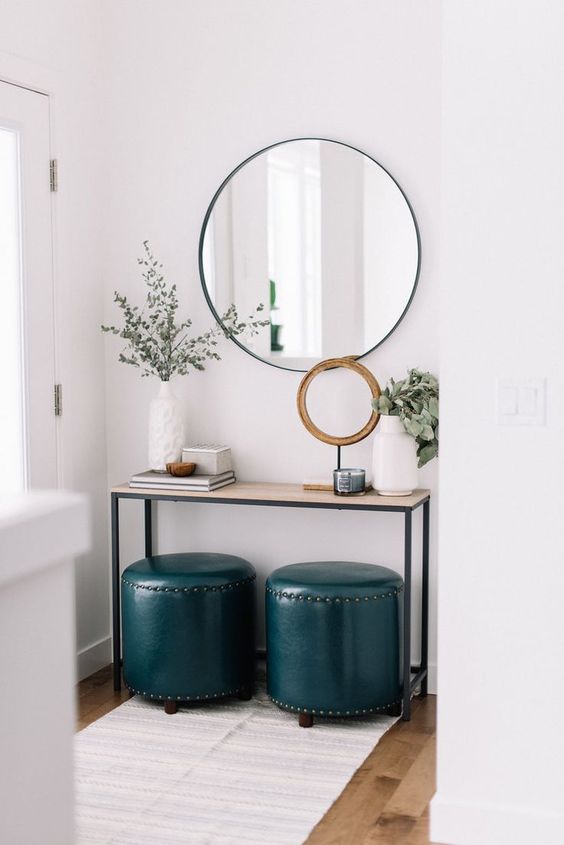 small navy stools or ottomans can be used instead of a bench and hide some storage spaces