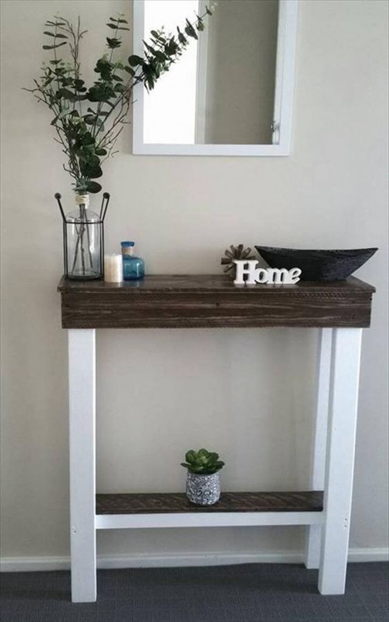 a sleek pallet console with white legs and an additional shelf under the top is cool idea for a entryway