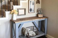 04 a slate grey pallet console table with a stained tabletop and casters is a timeless option for a rustic space