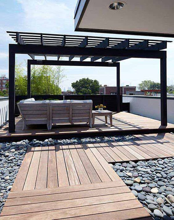 pebbles will give your space a natural feel, while wood will warm up and make walking barefoot enjoyable