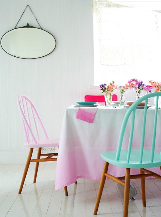 pastel painted chairs with stained legs look very cute and chic, they will add color to any space