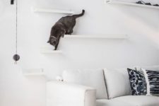17 a modern cat climber built of ledges and shelves plus cat toys hanging right on the wall