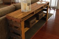 20 a rich-stained pallet console table with an additional shelf is a great piece to place behind your sofa