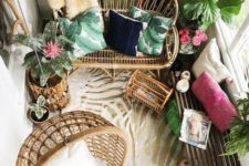 21 a tropical balcony with rattan furniture, potted torpical plants, colorful pillows and a zebra print rug