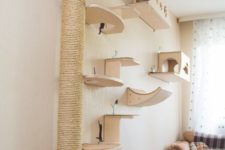 24 a contemporary cat climber and scratcher of plywood and jute rope built of shelves and houses attached to the wall
